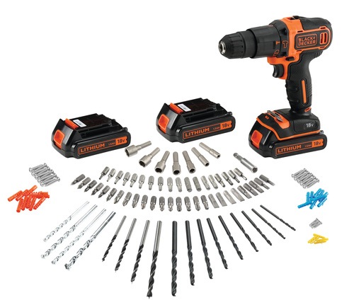 Black and Decker - 18V LiIon borrmaskin med slag 3 batterier snabbladdare och 120 tillbehr med frvaringslda - BDCHD181B3A