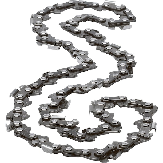 BLACKDECKER A6150 chainsaw replacement chain, black metal, photography, top angle on white background.