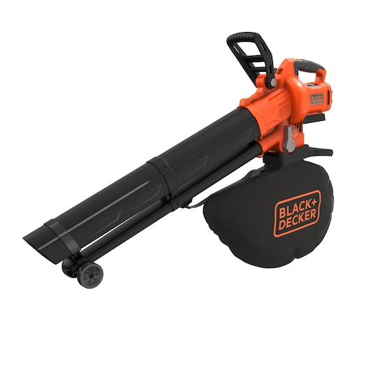 A BLACK+DECKER branded cordless leaf blower and vacuum with an orange and black design, featuring a long nozzle, a collection bag, and two small wheels at the nozzle end.