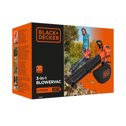 BLACK+DECKER BCBLV36B 3-in-1 blower vac packaging front angle, showing the product, features, and outdoor use.