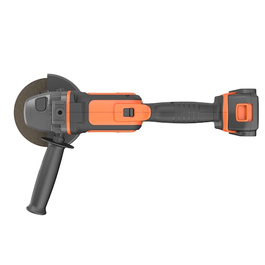 Top view of a BLACK+DECKER cordless angle grinder with an orange and black body and a side handle.