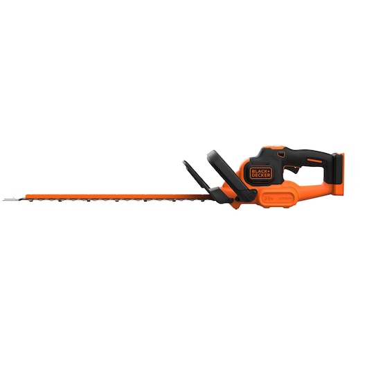 Side view of a BLACK+DECKER 36V cordless hedge trimmer with an orange and black design, featuring a long blade and ergonomic handle.