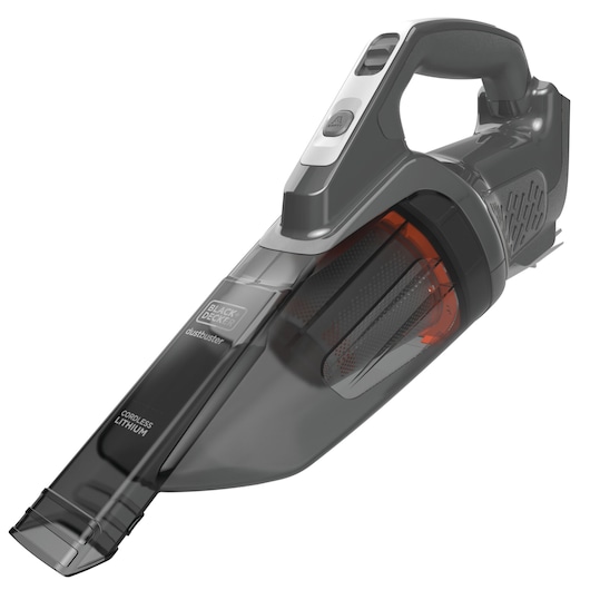 A BLACK+DECKER Dustbuster handheld cordless vacuum cleaner with a lithium battery. The vacuum is black and grey with an orange accent, featuring a transparent dust container and ergonomic handle.