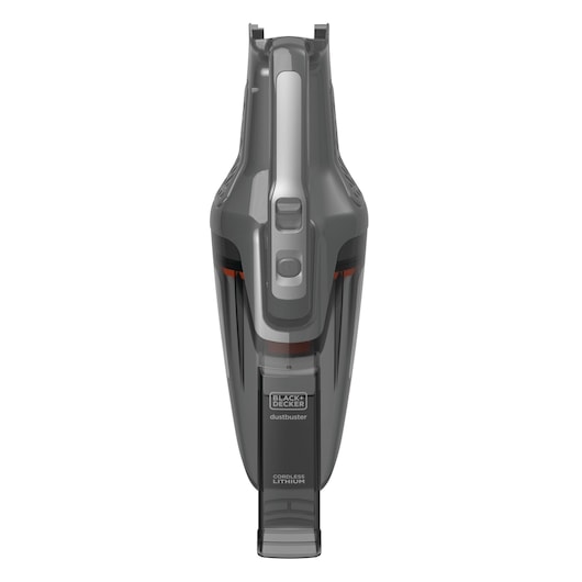 A front view of a BLACK+DECKER Dustbuster cordless lithium handheld vacuum, with a sleek gray and black design.