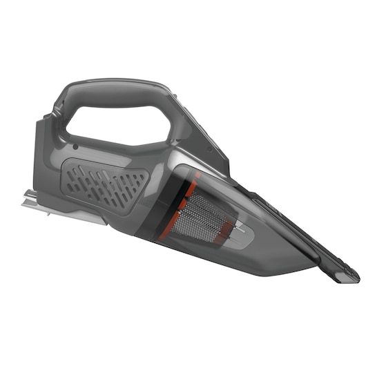 A close-up image of a BLACK+DECKER handheld vacuum cleaner, showing the modern design with a transparent dust compartment and ergonomic handle.