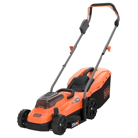 Orange and black BLACK+DECKER cordless lawn mower with a 33cm cutting width, shown on a white background.