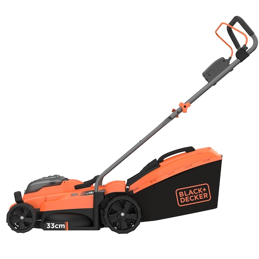 Side view of an orange and black BLACK+DECKER lawn mower with a 33cm cutting width and a grass collection bag attached.