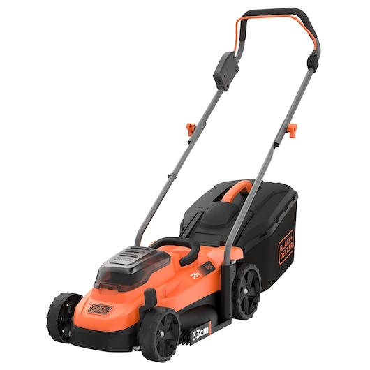 A BLACK+DECKER cordless lawn mower with an orange and black body, featuring a grass collection box and adjustable handle.