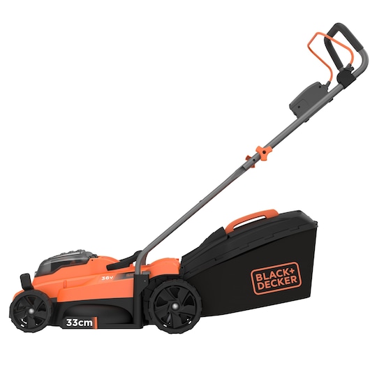 A BLACK+DECKER cordless lawn mower, model BCMW3336L1, with an orange and black design, a 33 cm cutting width, a large grass collection box, and ergonomic handle.
