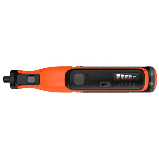 A BLACK+DECKER rechargeable cordless electric screwdriver in orange and black, shown from a top view. The tool features control buttons and torque settings on its body.