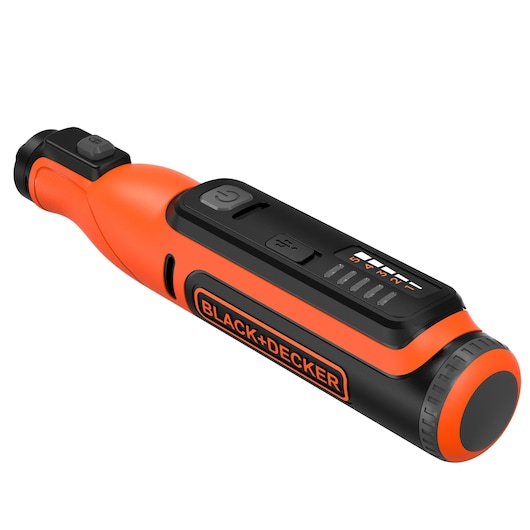 A BLACK+DECKER branded orange and black cordless electric screwdriver with USB charging port and power button, shown on a white background.