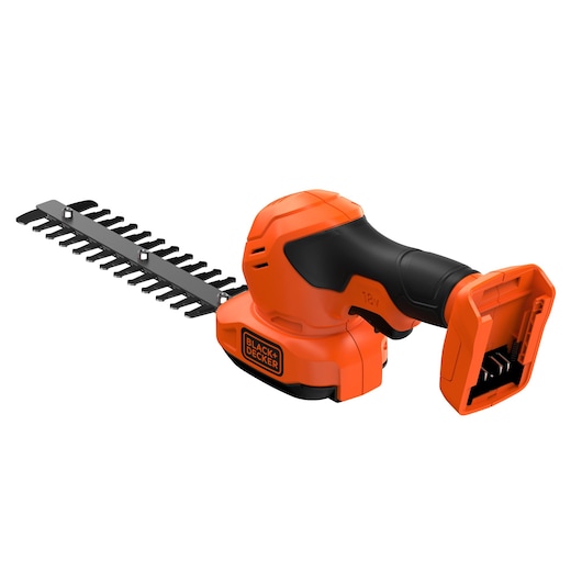 A BLACK+DECKER 18V cordless hedge trimmer with an orange and black handle and cutting blade, designed for trimming hedges and shrubs.