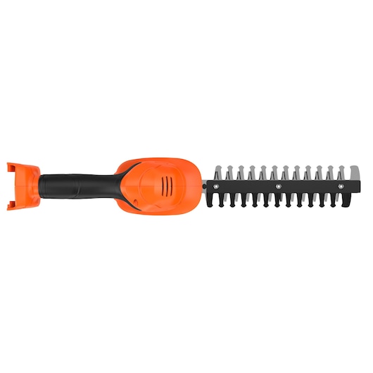 A BLACK+DECKER orange and black electric hedge trimmer viewed from above, showing the handle and blade.