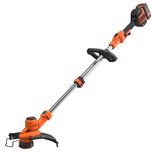 A BLACK+DECKER cordless grass trimmer with an orange and black design, featuring a telescopic shaft, adjustable handle, and battery pack at the top.