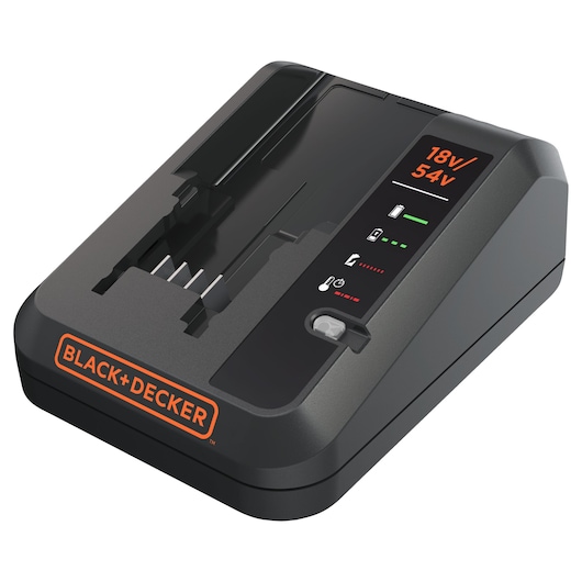 A BLACK+DECKER battery charger, compatible with 18V and 54V batteries. The device features indicator lights for battery status and operation, and has a slot for inserting the battery.