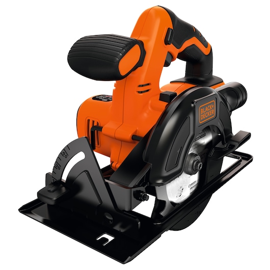 A BLACK+DECKER cordless circular saw with an orange and black design, featuring an ergonomic handle and a visible cutting blade.