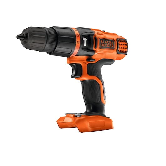 A BLACK+DECKER orange and black cordless drill body, shown without a battery attached.