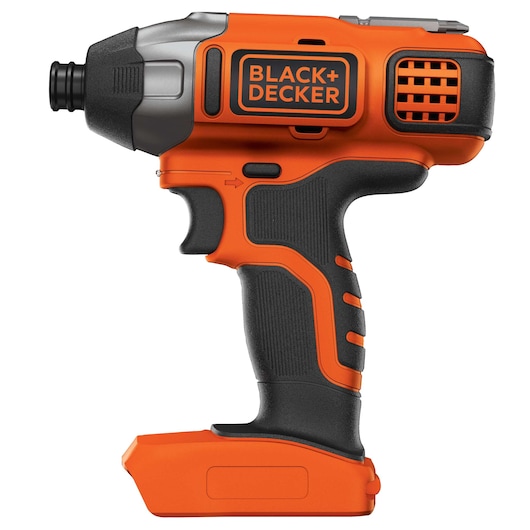 Cordless BLACK+DECKER impact driver with an orange and black ergonomic handle, shown without battery attached.