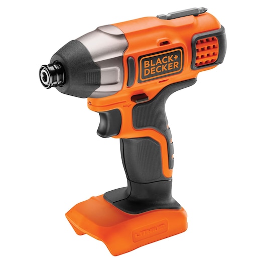 A BLACK+DECKER cordless impact driver tool with an orange and black design, displayed on a white background. The tool features a comfortable grip and is shown without a battery attached.