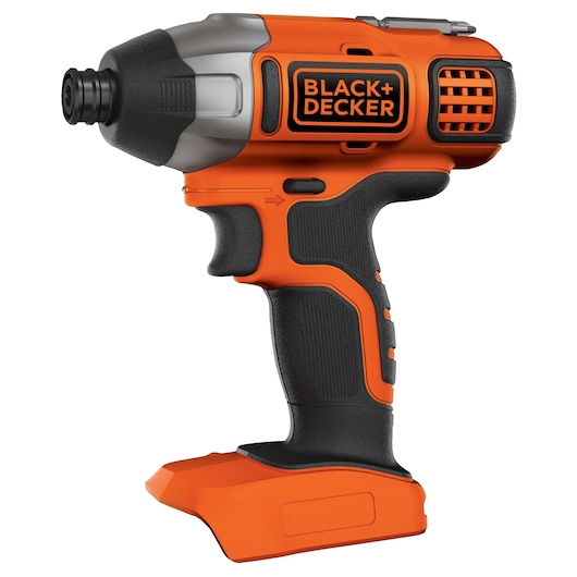 A BLACK+DECKER cordless impact driver, orange and black in color, shown without the battery attached.