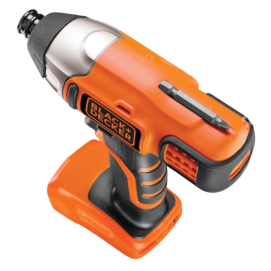 A partially obscured image of a BLACK+DECKER cordless impact driver, with an orange and black design.