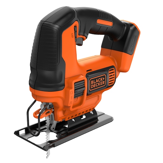 A cordless BLACK+DECKER jigsaw with a black and orange design, featuring a comfortable grip and battery compartment.