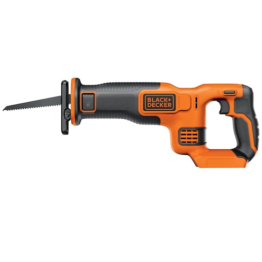 A BLACK+DECKER cordless reciprocating saw with an orange and black design, shown from the side, with a visible saw blade and ergonomic handle.