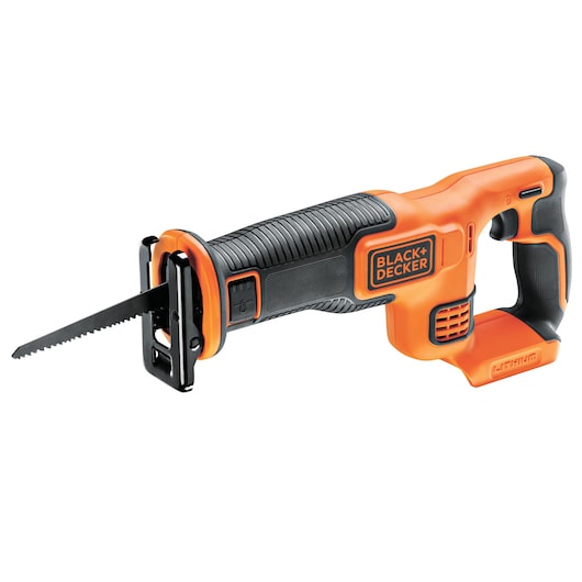 A BLACK+DECKER cordless reciprocating saw with an orange and black design, shown from the side on a white background. The tool features a visible blade and ergonomic handle.