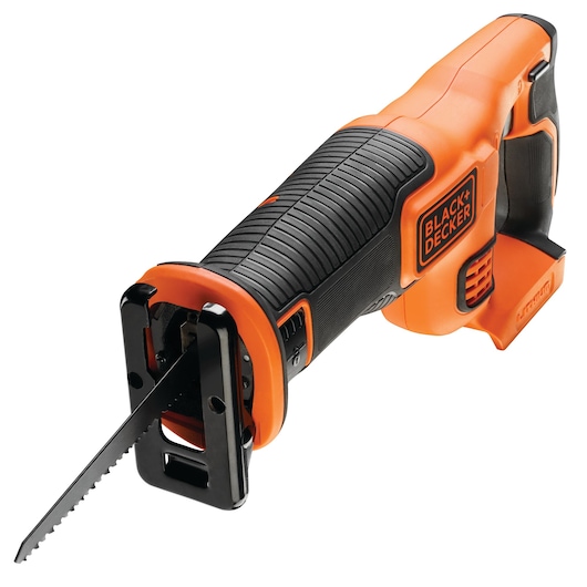 A BLACK+DECKER cordless reciprocating saw with an orange and black handle, presented at a three-quarter angle.