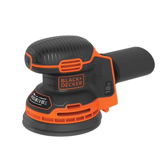 A BLACK+DECKER 18V cordless random orbital sander with a black and orange design and a dust collection attachment.
