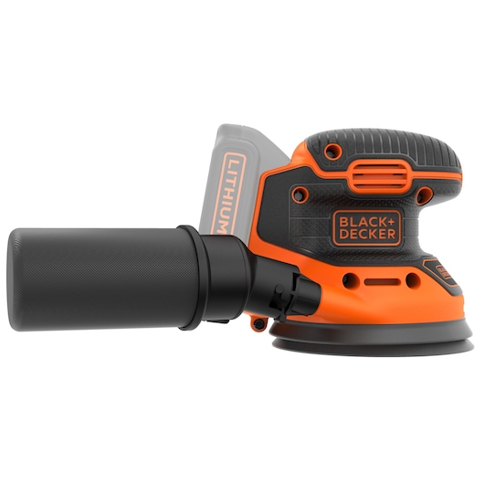 A BLACK+DECKER cordless random orbital sander with an orange and black design, shown with a dust collection canister attached.