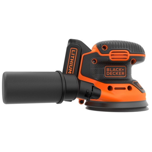 A BLACK+DECKER cordless random orbital sander with an orange and black design, featuring a dust collection canister and labeled 'Lithium'.