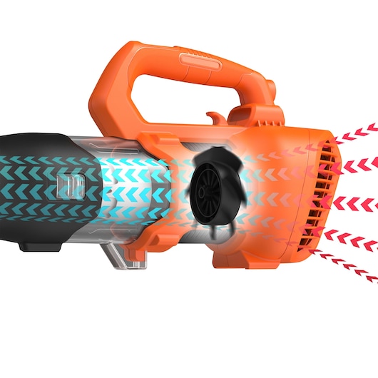 A close-up view of an orange and black handheld leaf blower. The image shows airflow direction illustrated with blue and red arrows moving through the body and out the nozzle.
