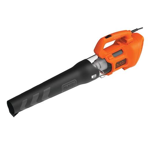 A BLACK+DECKER electric leaf blower, model BEBL185, featuring an orange and black design with a long nozzle and power cord.