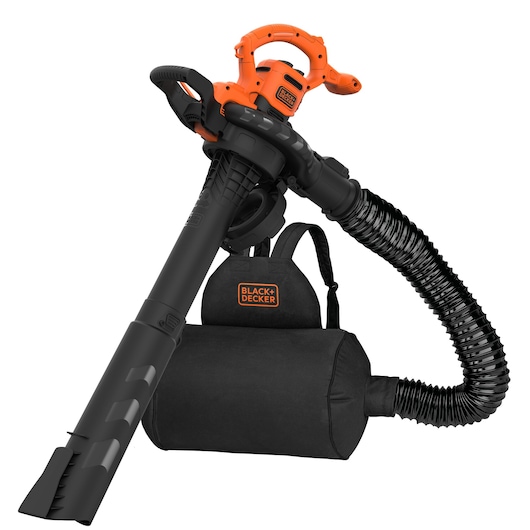 BLACK+DECKER BEBLV290 electric leaf blower and vacuum with a black collection bag and flexible hose, featuring an orange and black handle.