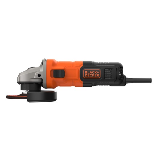 A BLACK+DECKER branded angle grinder with an orange and black body and a power cord attached, shown in a side view.