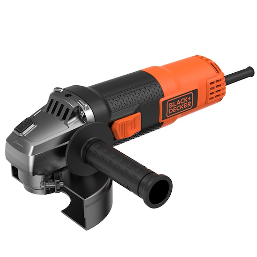 A BLACK+DECKER BEG220 electric angle grinder with a black and orange body, shown against a white background. The tool features a side handle and metal motor housing.