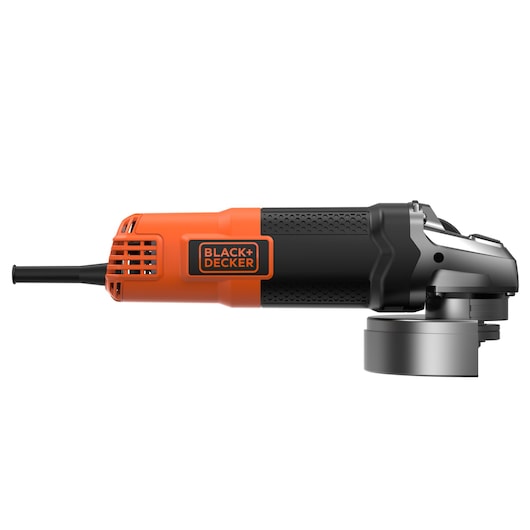 A BLACK+DECKER BEG220 angle grinder with an orange and black handle and metallic grinding head, shown from the side on a white background.