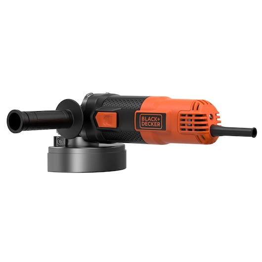 A BLACK+DECKER BEG220 angle grinder with an orange and black body, visible side handle, and power cord, photographed against a white background.