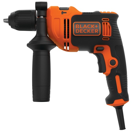 A BLACK+DECKER electric corded drill with an orange and black body, featuring a side handle for stability.