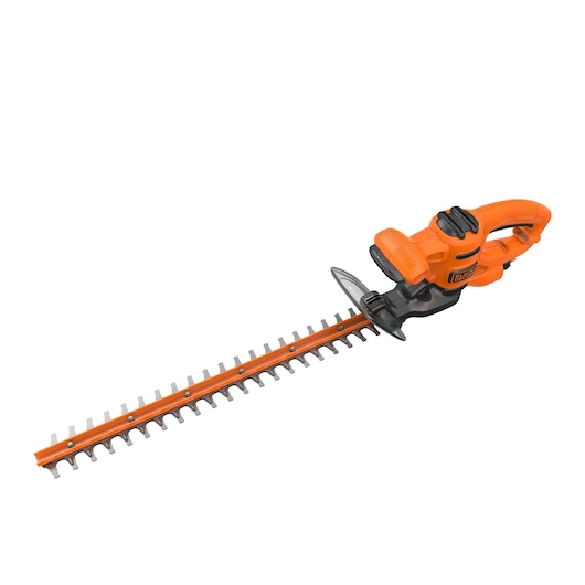 An orange and black BLACK+DECKER electric hedge trimmer with a long blade and ergonomic handle, shown against a white background.