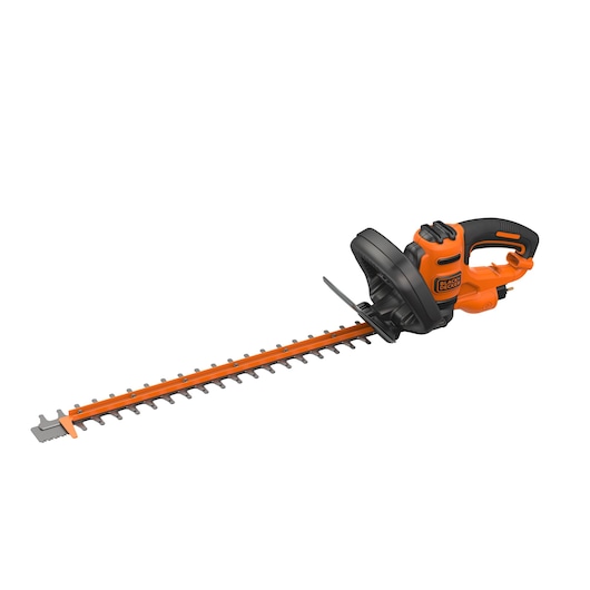 A BLACK+DECKER electric hedge trimmer with an orange and black design, featuring a long blade and ergonomic handle, displayed on a white background.