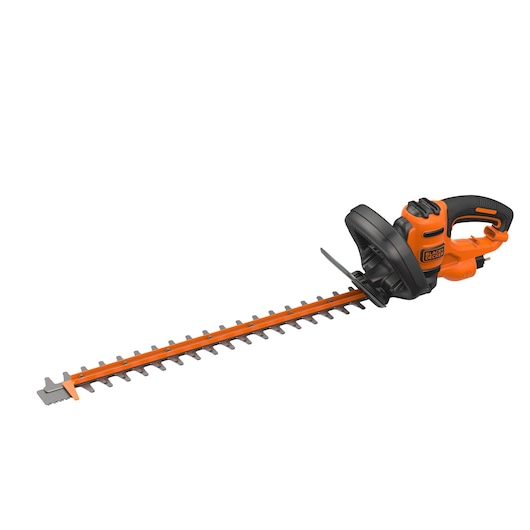 An electric hedge trimmer with an orange and black design, featuring a long blade and ergonomic handle. The product is from BLACK+DECKER.