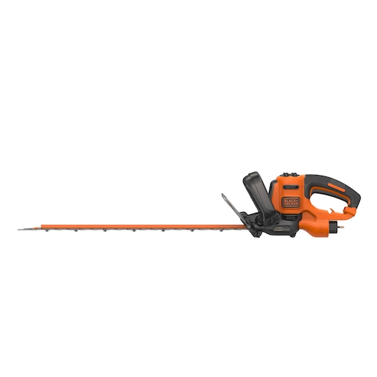 Side view of an orange and black BLACK+DECKER electric hedge trimmer with a long blade.