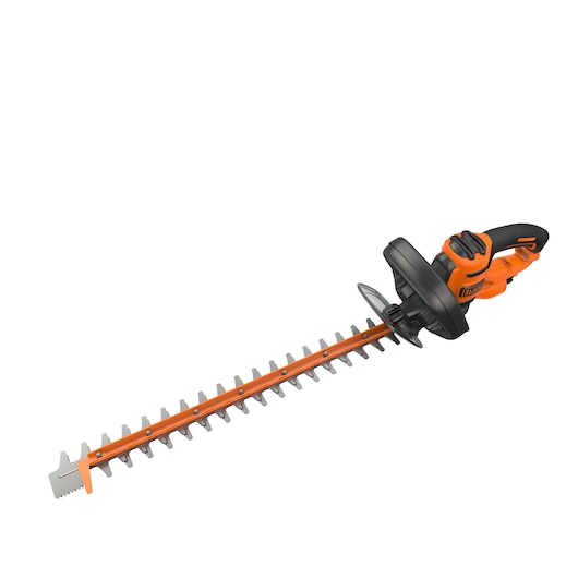 A BLACK+DECKER electric hedge trimmer with an orange and black design, featuring a long blade and ergonomic handle.