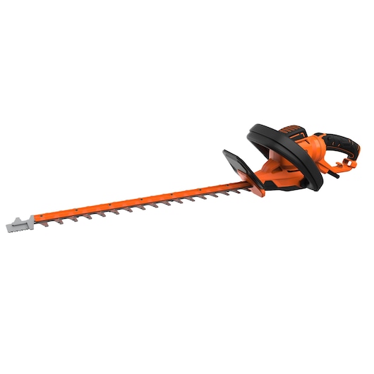 An orange and black electric hedge trimmer with a long blade and ergonomic handle.