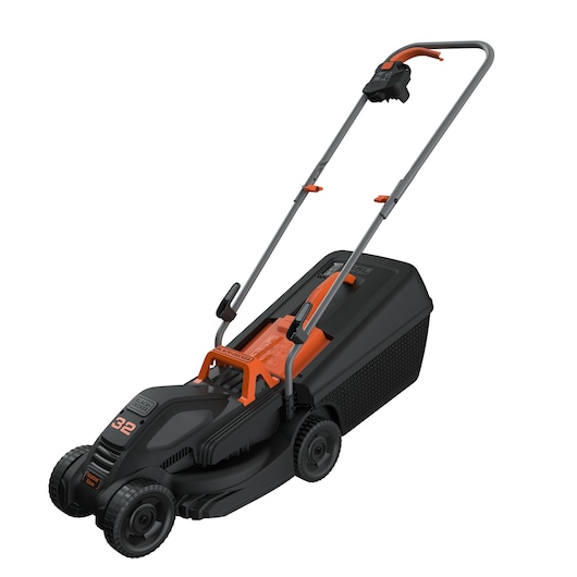 A BLACK+DECKER electric lawn mower, model BEMW351, with a black and orange design and a large grass collection box.