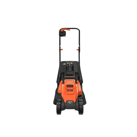Front view of a BLACK+DECKER electric lawn mower with an orange and black design, showing the handle, wheels, and body featuring the model number BEMW451.