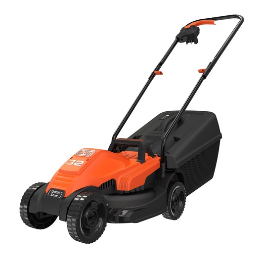BLACK+DECKER electric lawn mower with an orange and black body, featuring a push handle and a rear grass collection box.
