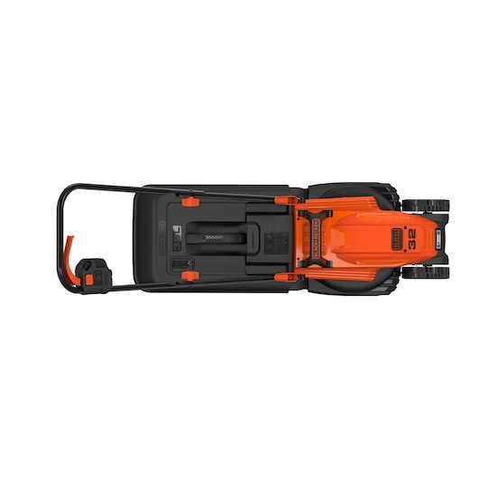 Top view of a BLACK+DECKER electric lawn mower with orange and black design, showing handle, body, wheels, and grass collection box.